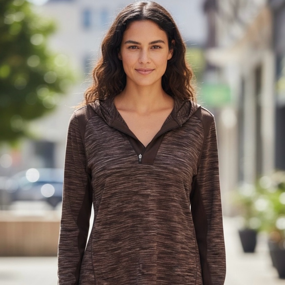 Prana Brown Striped Dry Fit Quarter Zip Hoodie